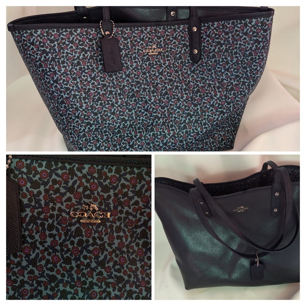 Coach City Tote Teal Burgundy Floral Crossgrain Leather Shoulder Bag F38231